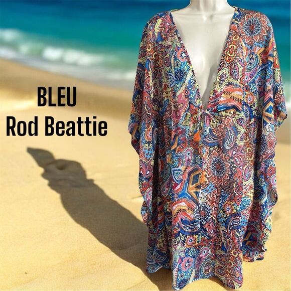 Bleu Rod Beattie Bohemian Paisley Colorful Swim Cover Up Kaftan Waist Tie - Picture 1 of 10